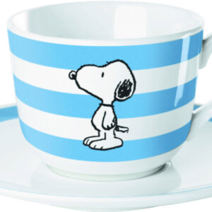 Mug + Untertasse - Snoopy blau gestreifter Hintergrund
