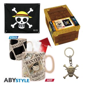 Gift Pack Premium - One Piece - Drapeau + Porte-clef 3D + Mug 3D Wanted - 19 cm